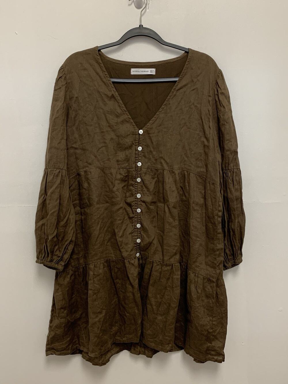 Faithfull The Brand Tiered LinenBabydoll Dress Brown Long Sleeve Boho Size 8